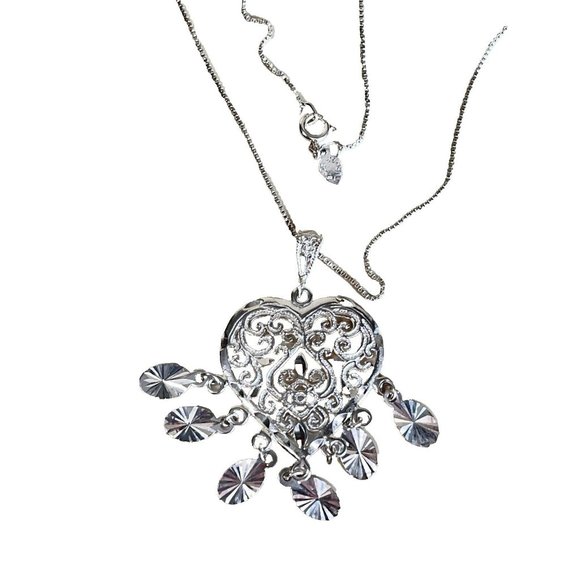 Handcrafted Jewelry - Valentine Dangling Heart Sterling Filigree Necklace 925 Turkey 16"